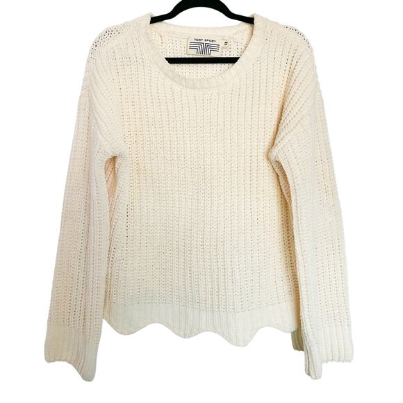 Tory Sport Chunky Knit Scalloped Hem Fisherman Boxy Fit Sweater Cream Sz XS - Picture 1 of 7